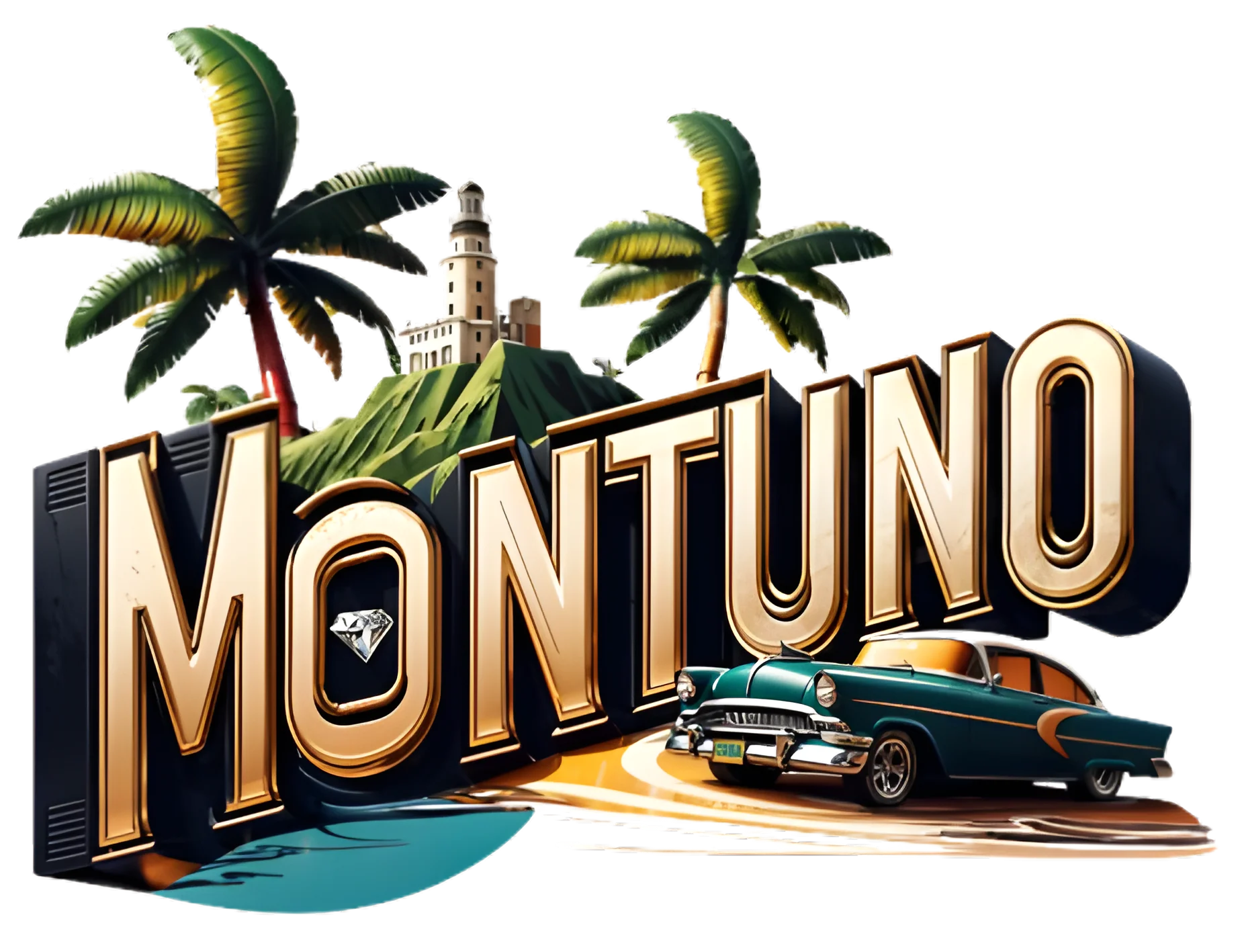 Vintage-style design featuring “MONTUNO” in bold golden letters. Palm trees, a lighthouse on a hill, and a teal-and-orange classic car complete the vibrant tropical look.