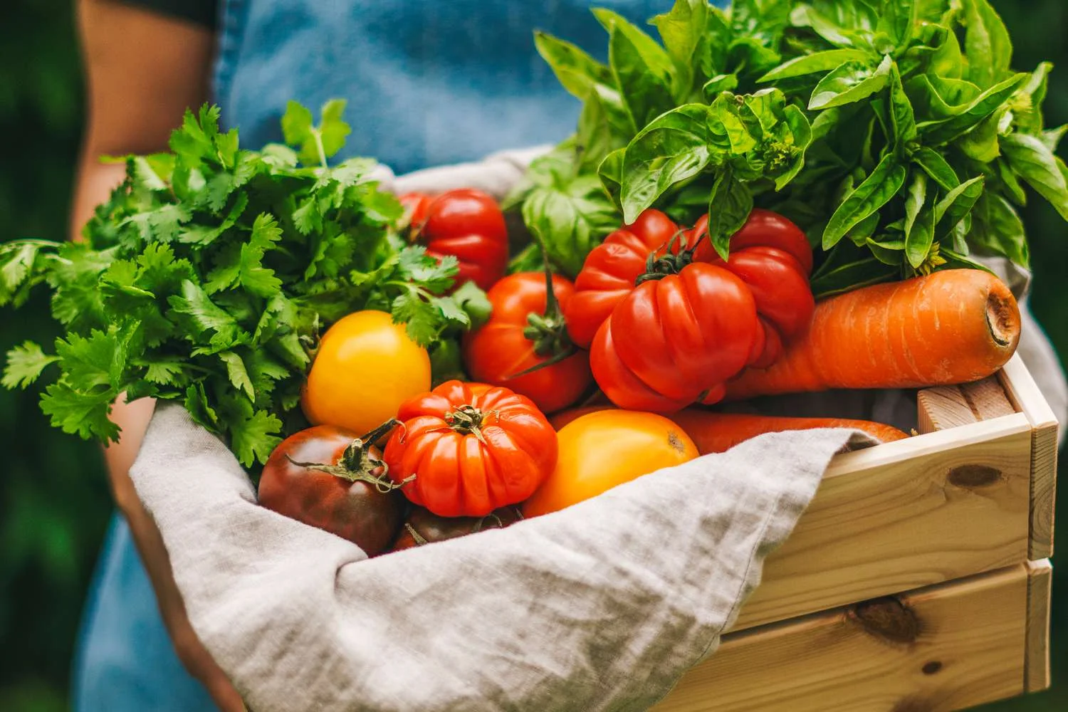 Fresh organic vegetables in a wooden crate