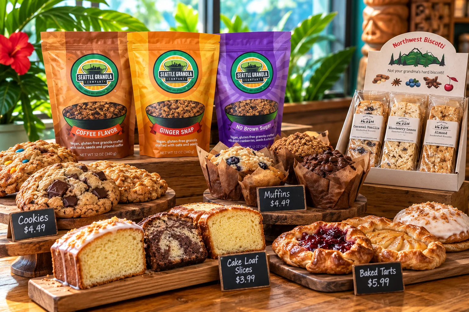 Assorted baked goods including cookies, muffins, and granola from a bakery display