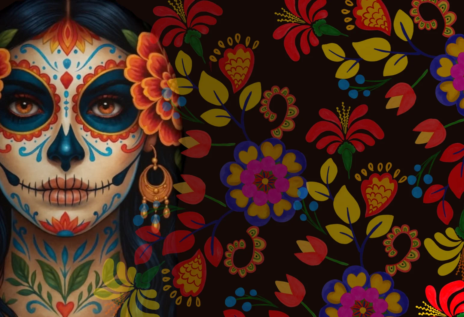 Colorful sugar skull art with floral designs for Day of the Dead celebration