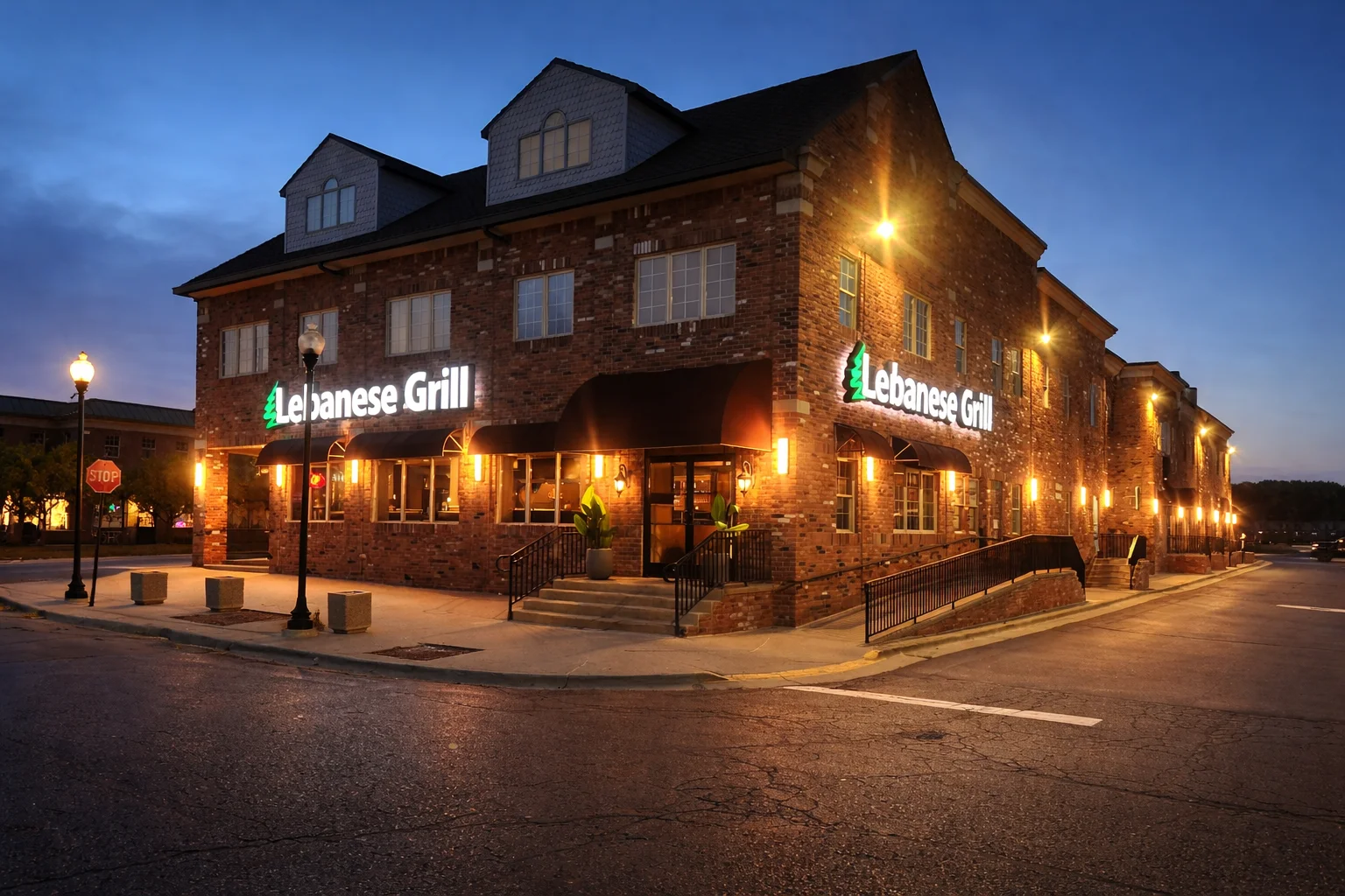 Exterior view of Lebanese Grill restaurant at dusk