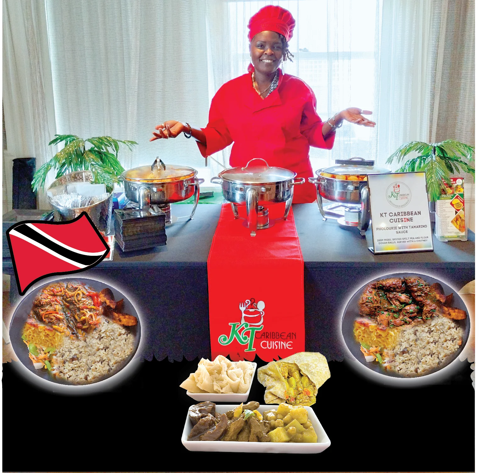 Trinidadian curry dish with rice and sides at a Caribbean food event