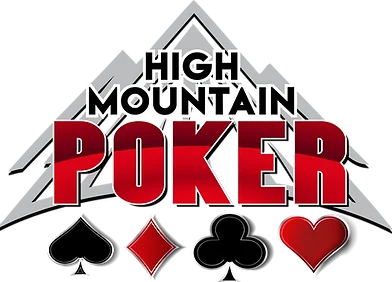Logo for High Mountain Poker featuring card suits and mountain design