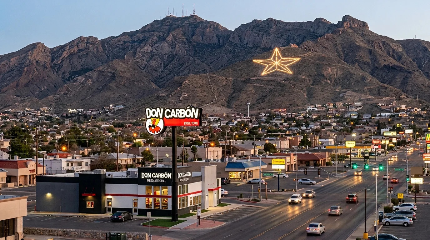 View of Don Carbón restaurant with mountains and star in the background