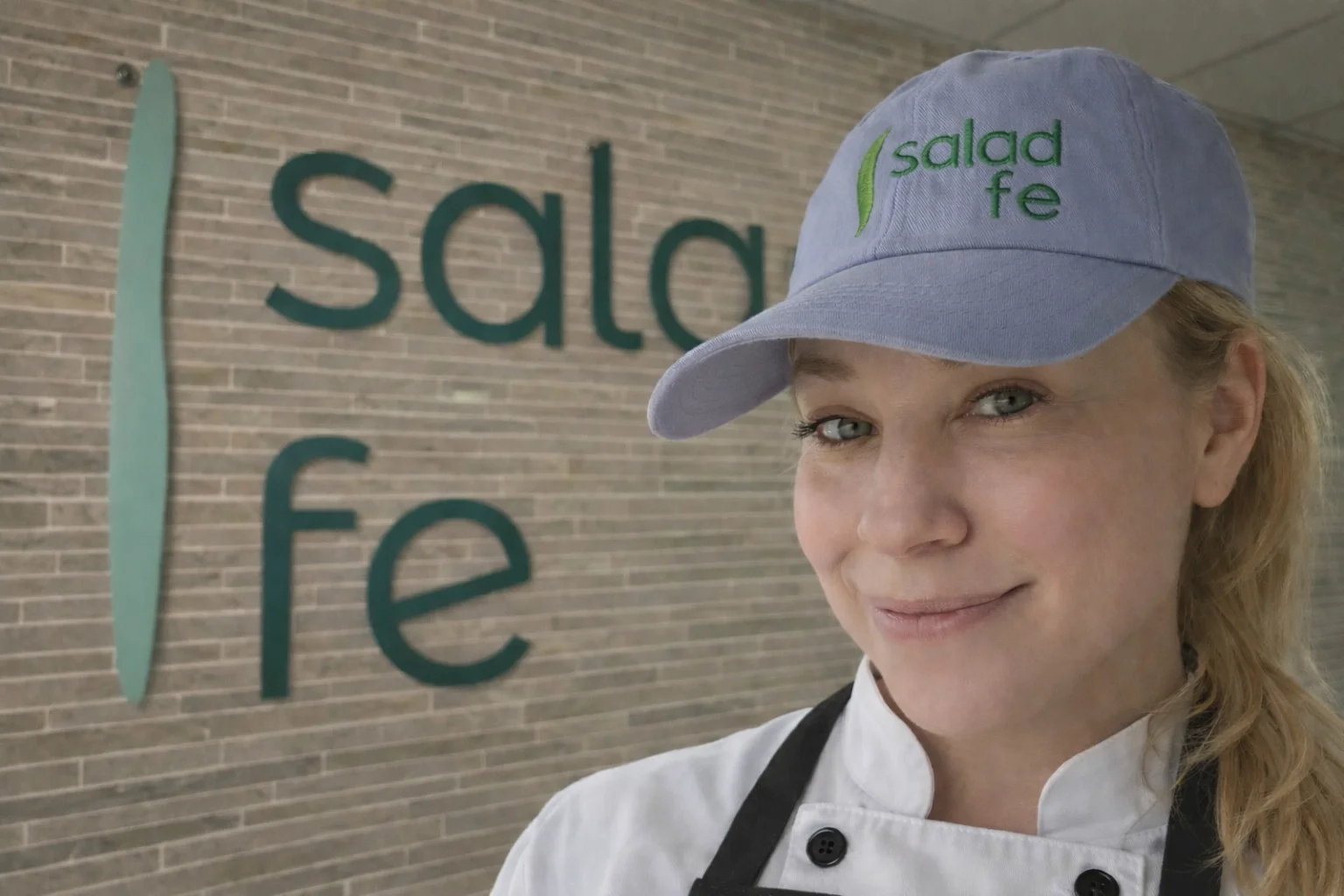 Chef in a restaurant with a salad-themed logo