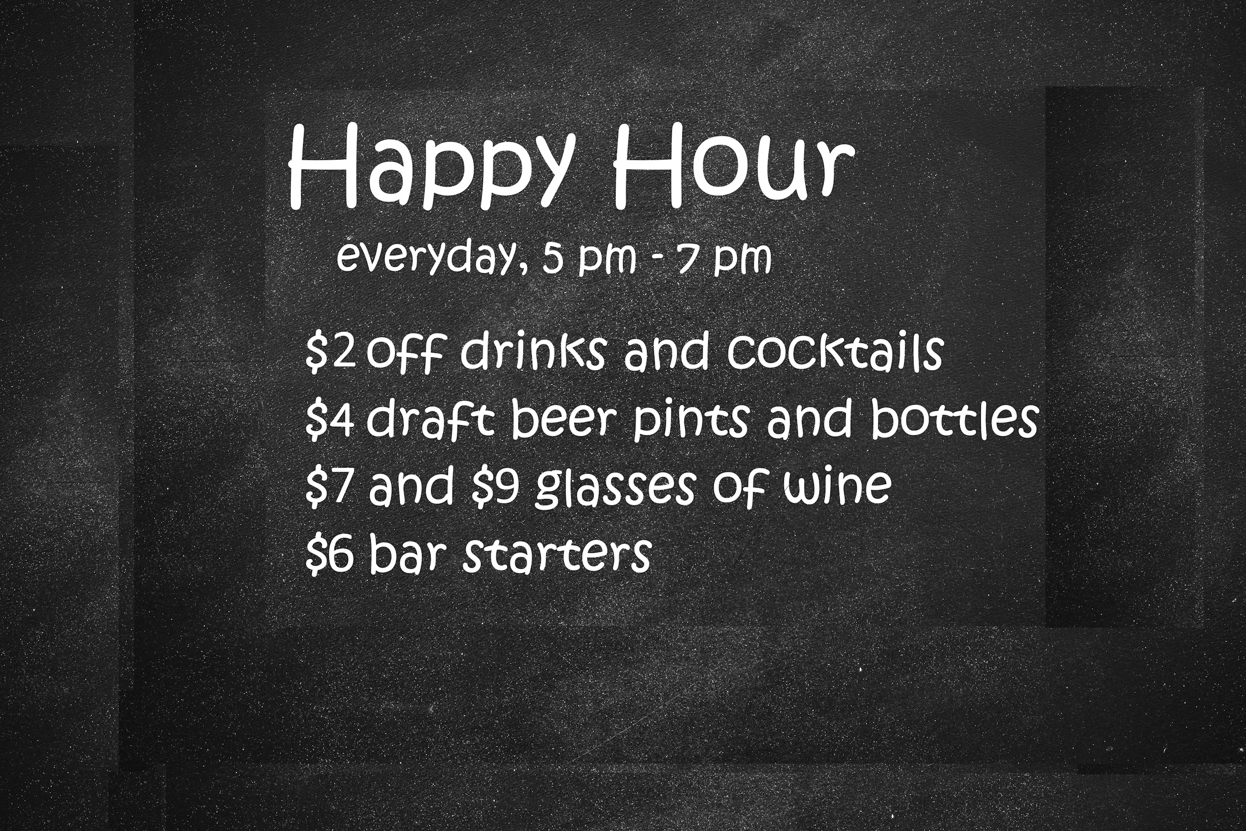 Happy Hour menu with drink and food specials on a chalkboard.