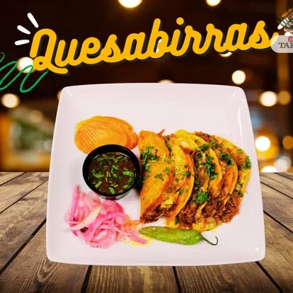 Delicious quesabirrias served with pickled onions and salsa