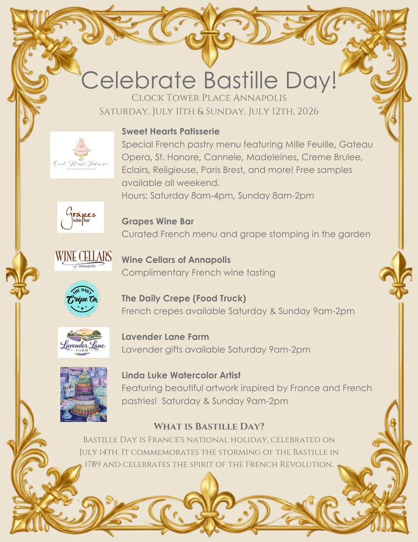 Bastille Day celebration flyer featuring French pastries and wine tasting