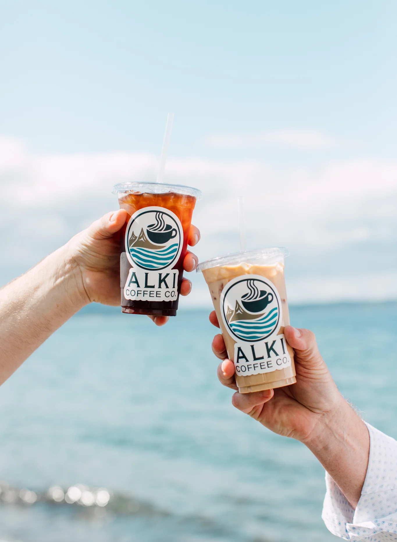 Alki Coffee Co. logo featuring a minimalist design of a steaming coffee cup with two brown mountain peaks in the background and blue waves in the foreground, all enclosed in a circular frame.