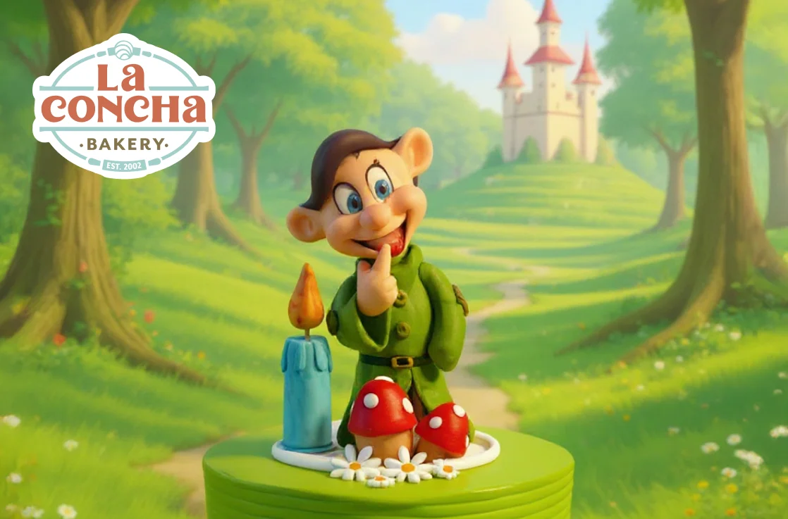 Colorful birthday cake with whimsical character and mushrooms