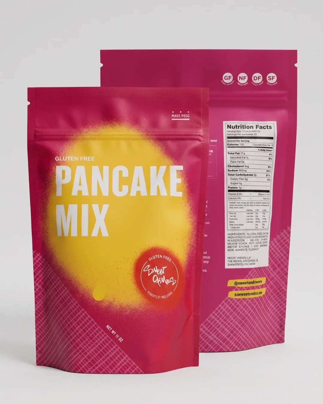 Gluten-free pancake mix packaging with nutrition facts.