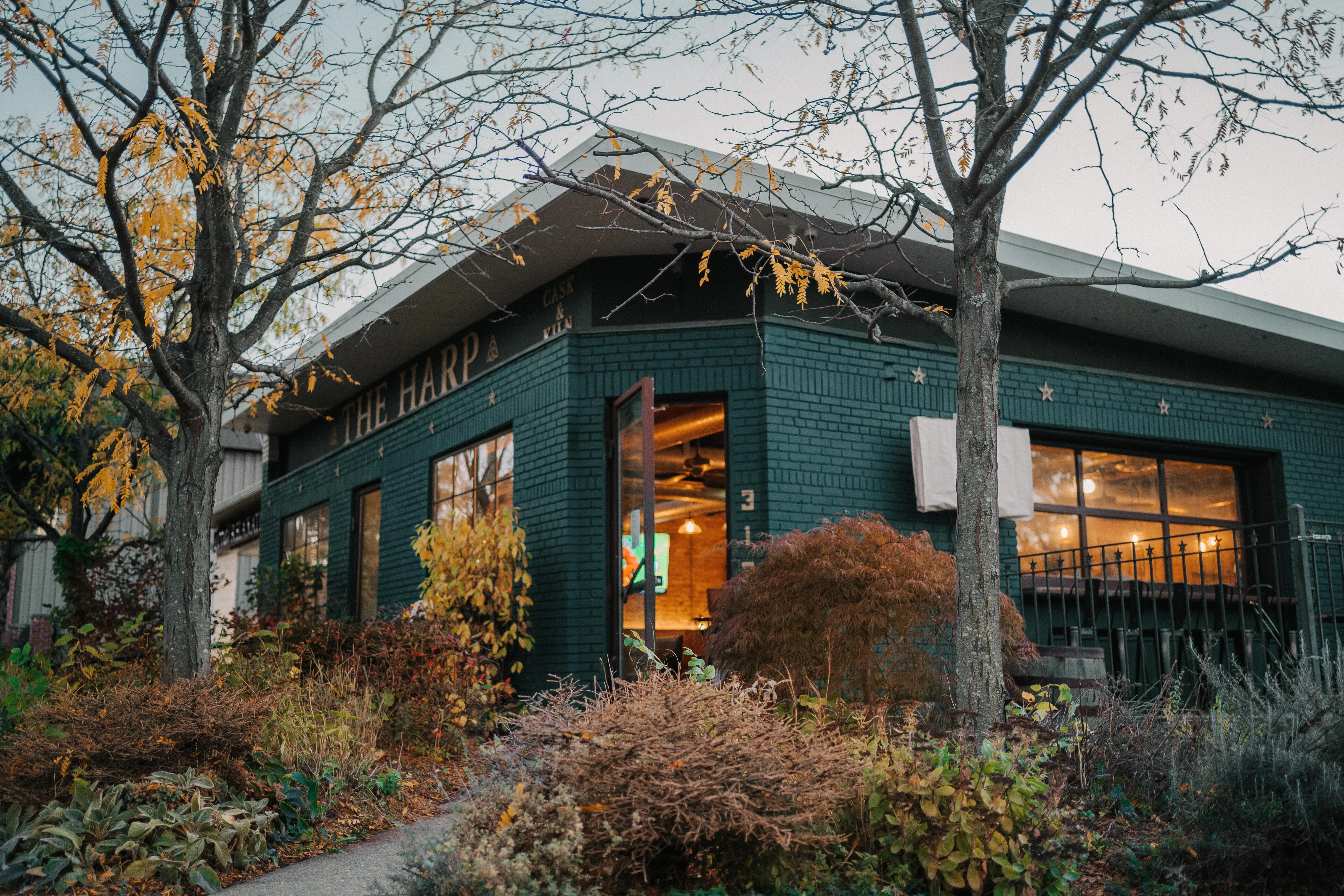 Charming restaurant exterior with autumn foliage