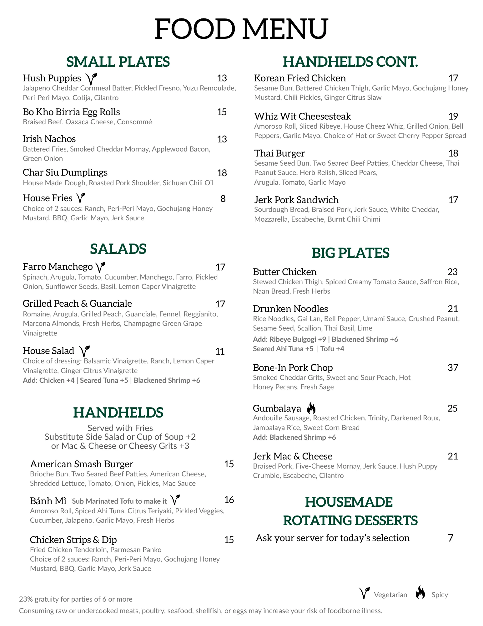 Food menu page featuring various dishes and prices.