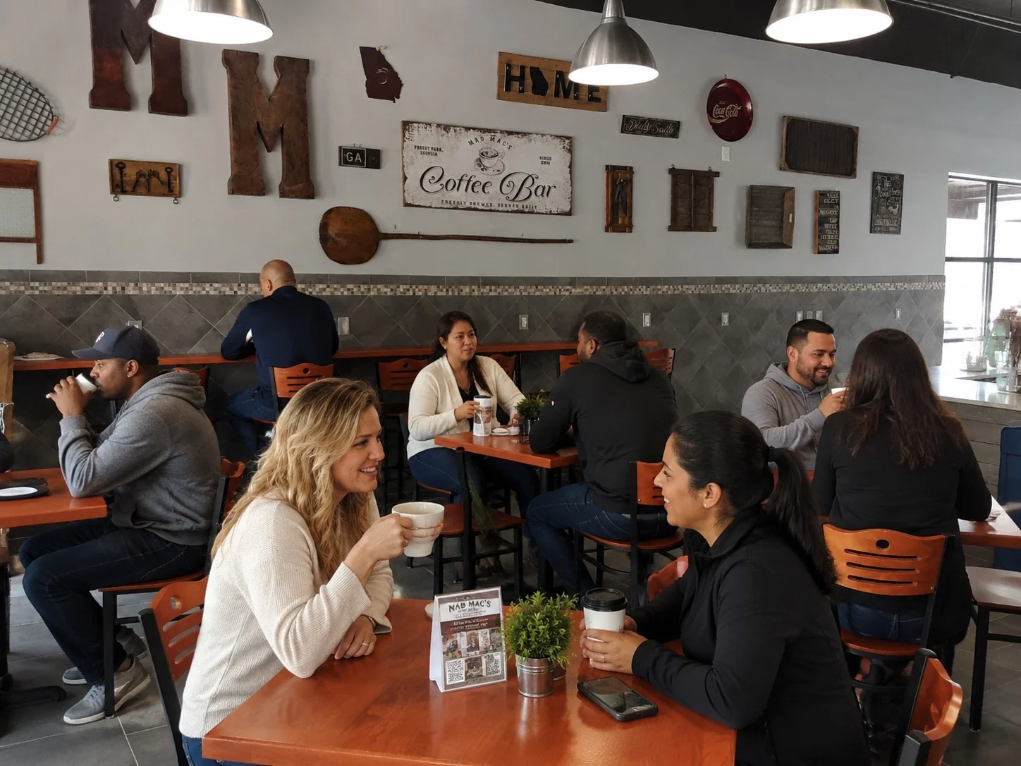 Cozy café interior with patrons enjoying coffee and conversation