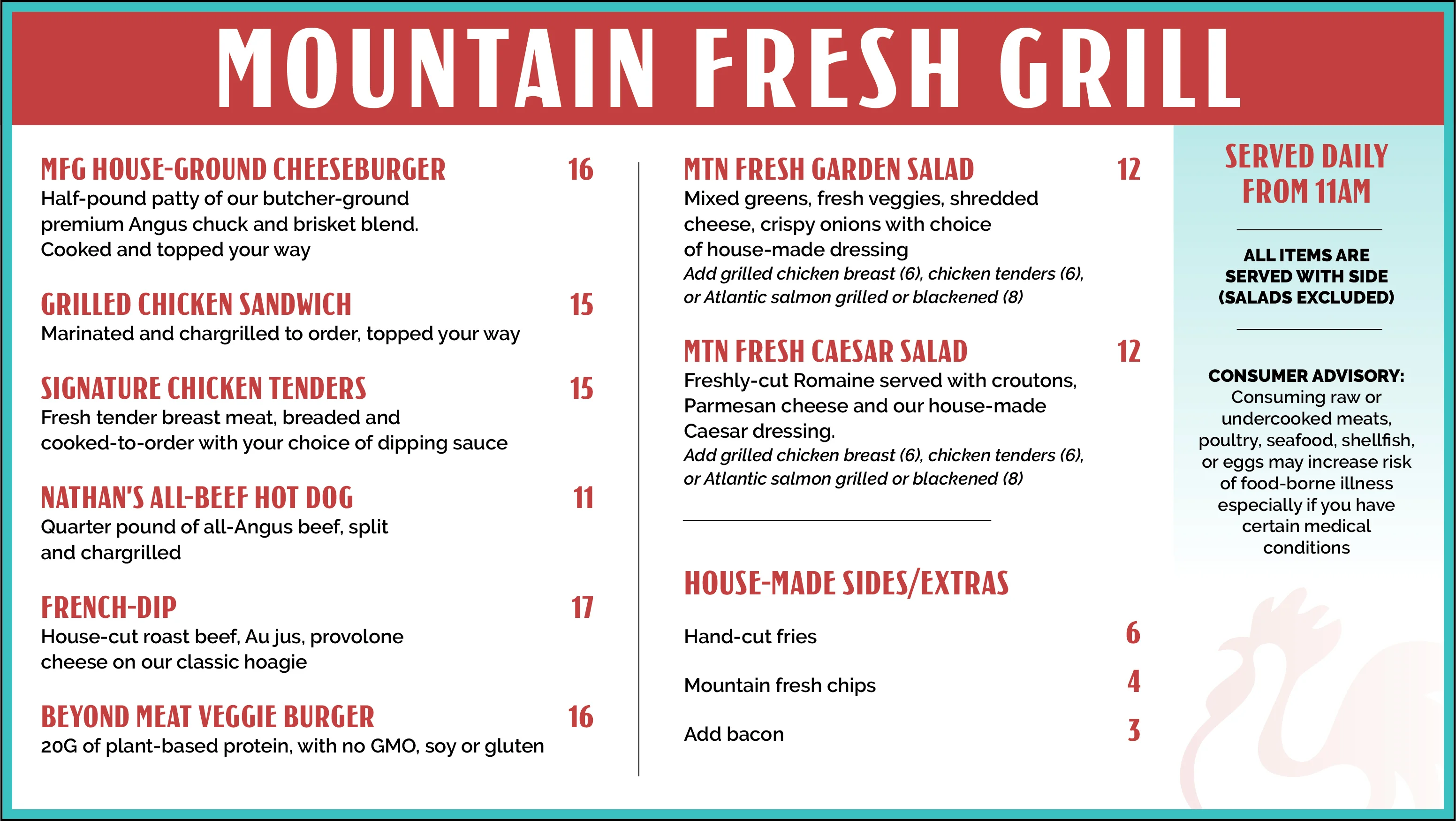 Menu of American grill dishes including burgers and salads