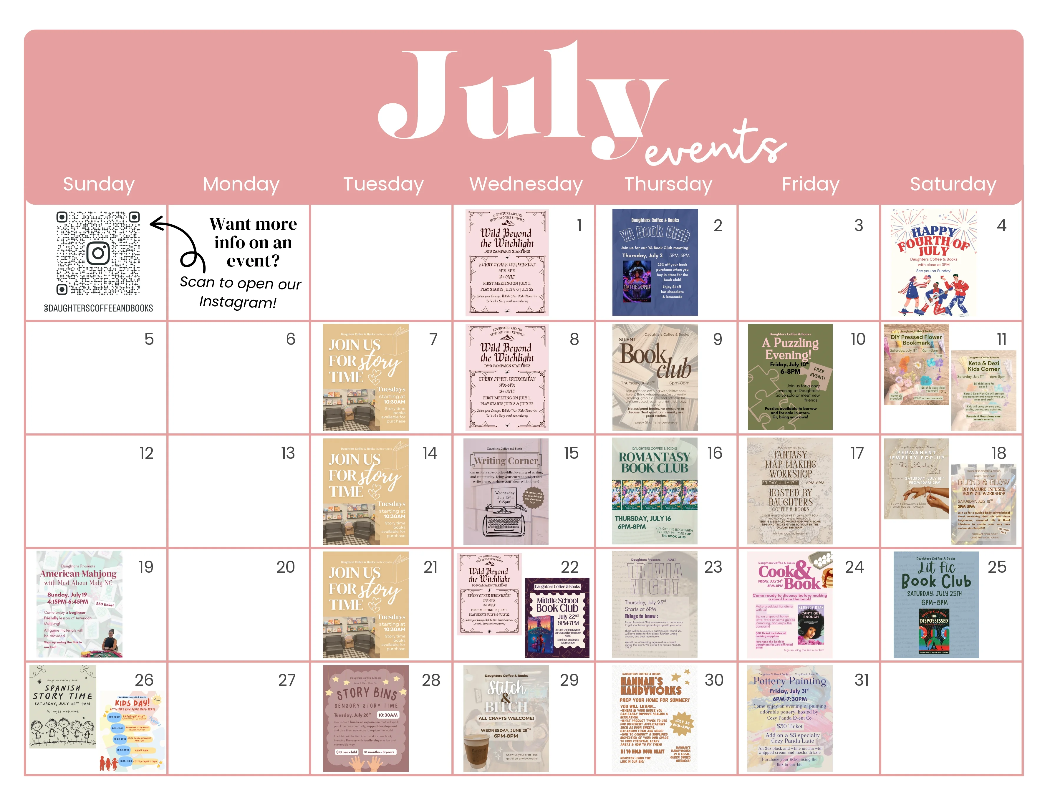 Monthly event calendar for a restaurant featuring various activities.