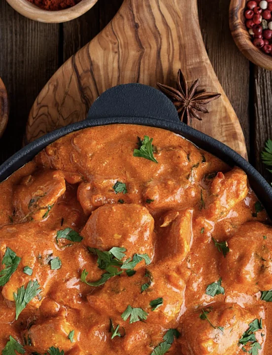 A rich and flavorful curry with chicken pieces, garnished with fresh herbs, served in a black pot along with spices in wooden bowls.