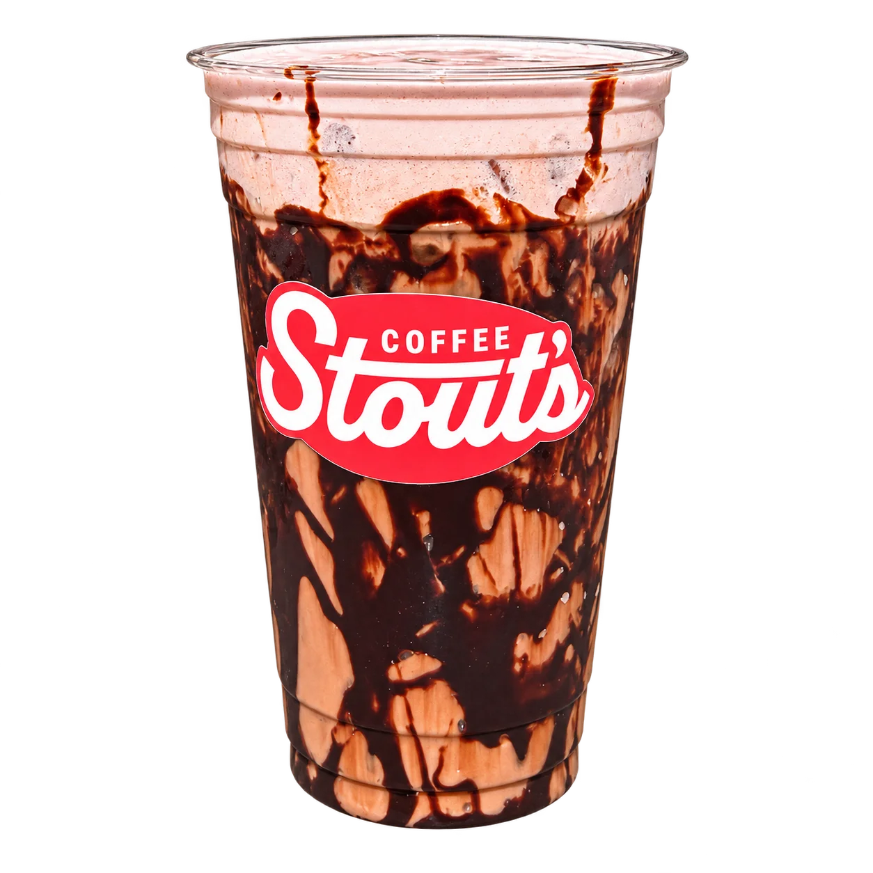 Chocolate Covered Strawberry latte with strawberry cold foam and chocolate lining the Stout’s Coffee cup.