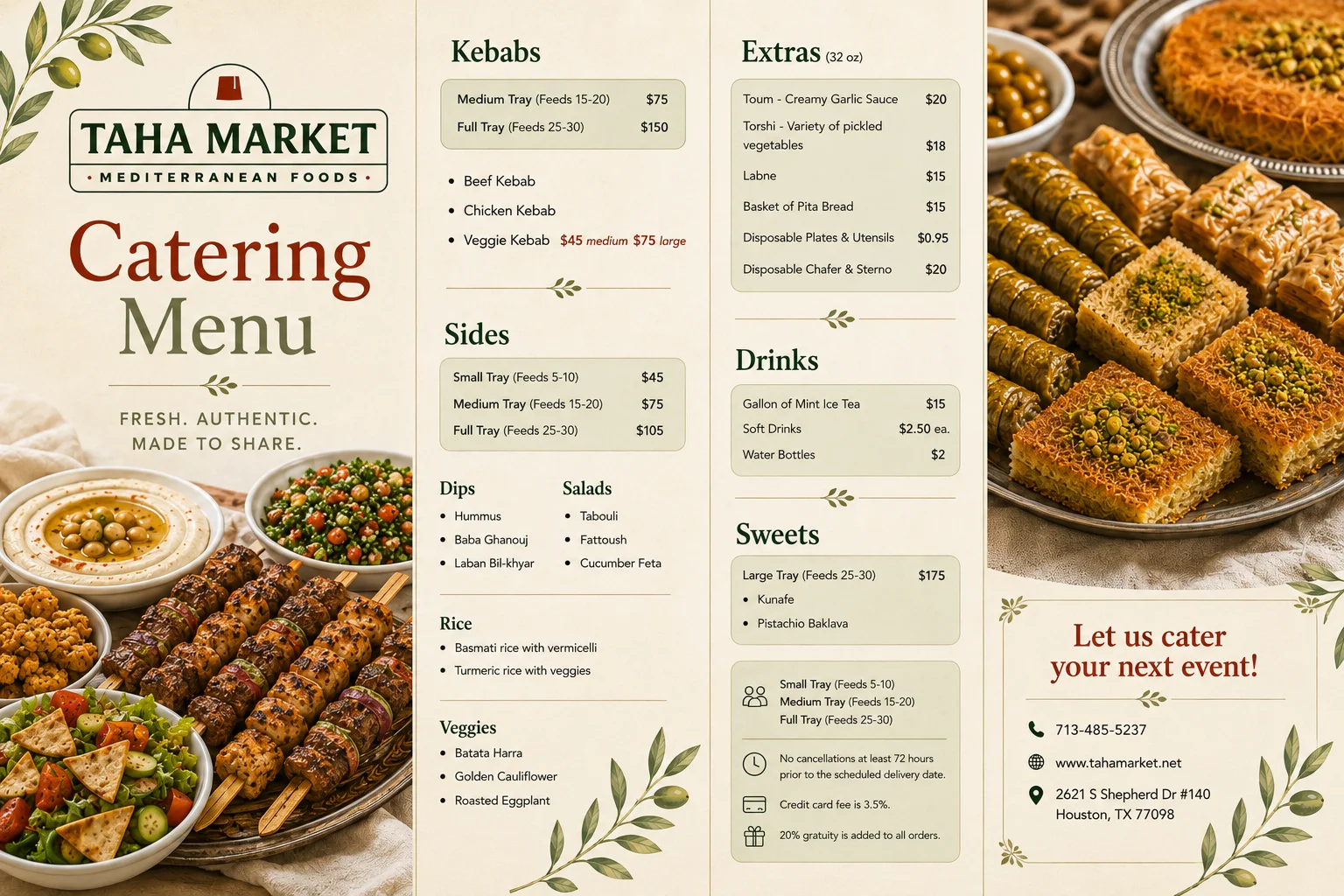 Mediterranean catering menu featuring kebabs and sweets