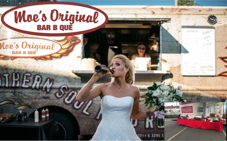 Bride enjoying a drink in front of Moe's Original BBQ food truck.