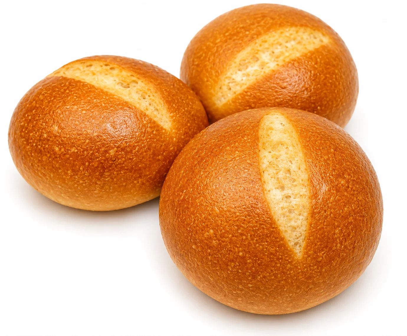 Three round, golden-brown bread rolls with a split on top.