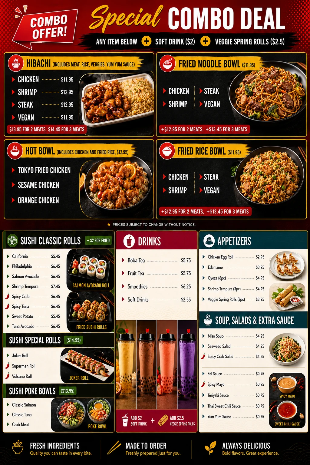 A colorful menu showcasing various Asian dishes, including hibachi, fried noodle bowls, and sushi rolls. Each section highlights different items with prices and combo offers.