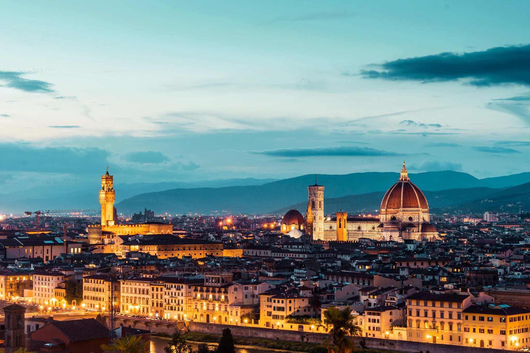 Panoramic view of Florence at dusk with historic architecture