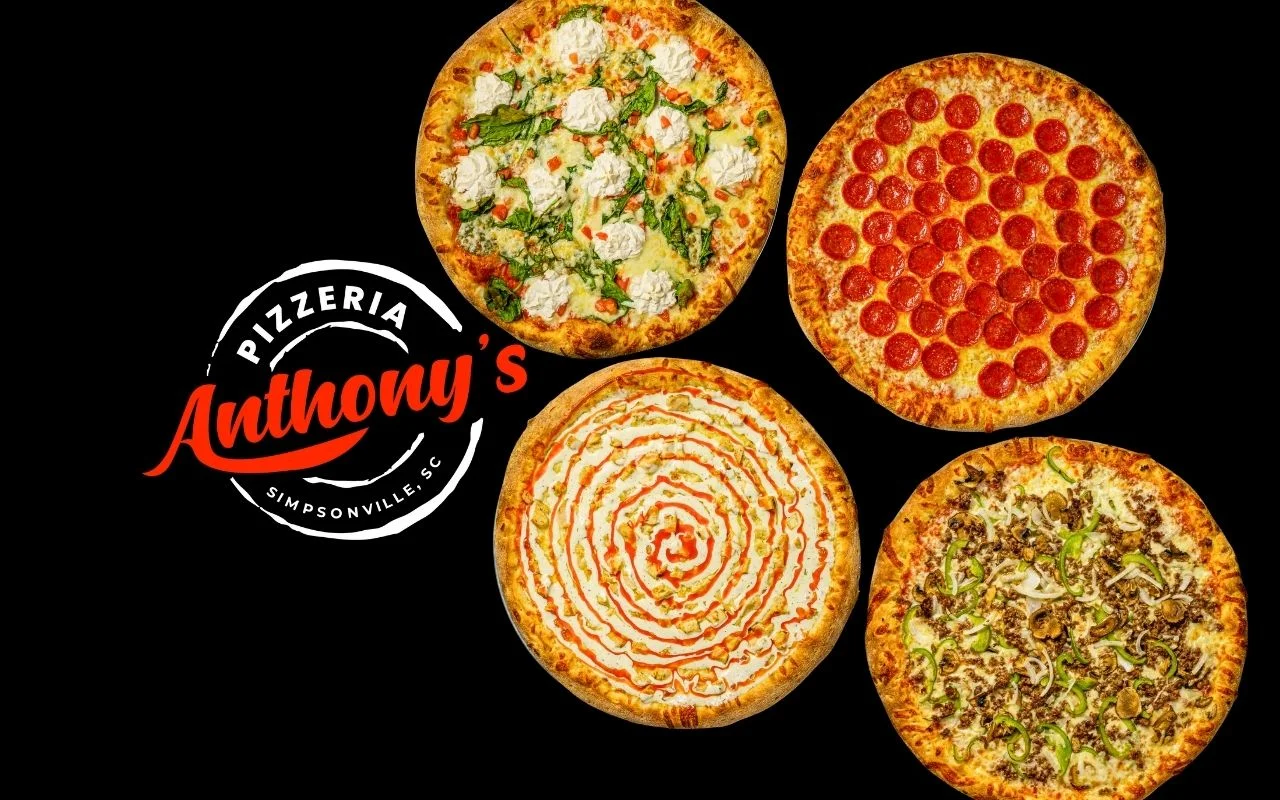 Variety of pizzas including pepperoni and veggie from Anthony's Pizzeria