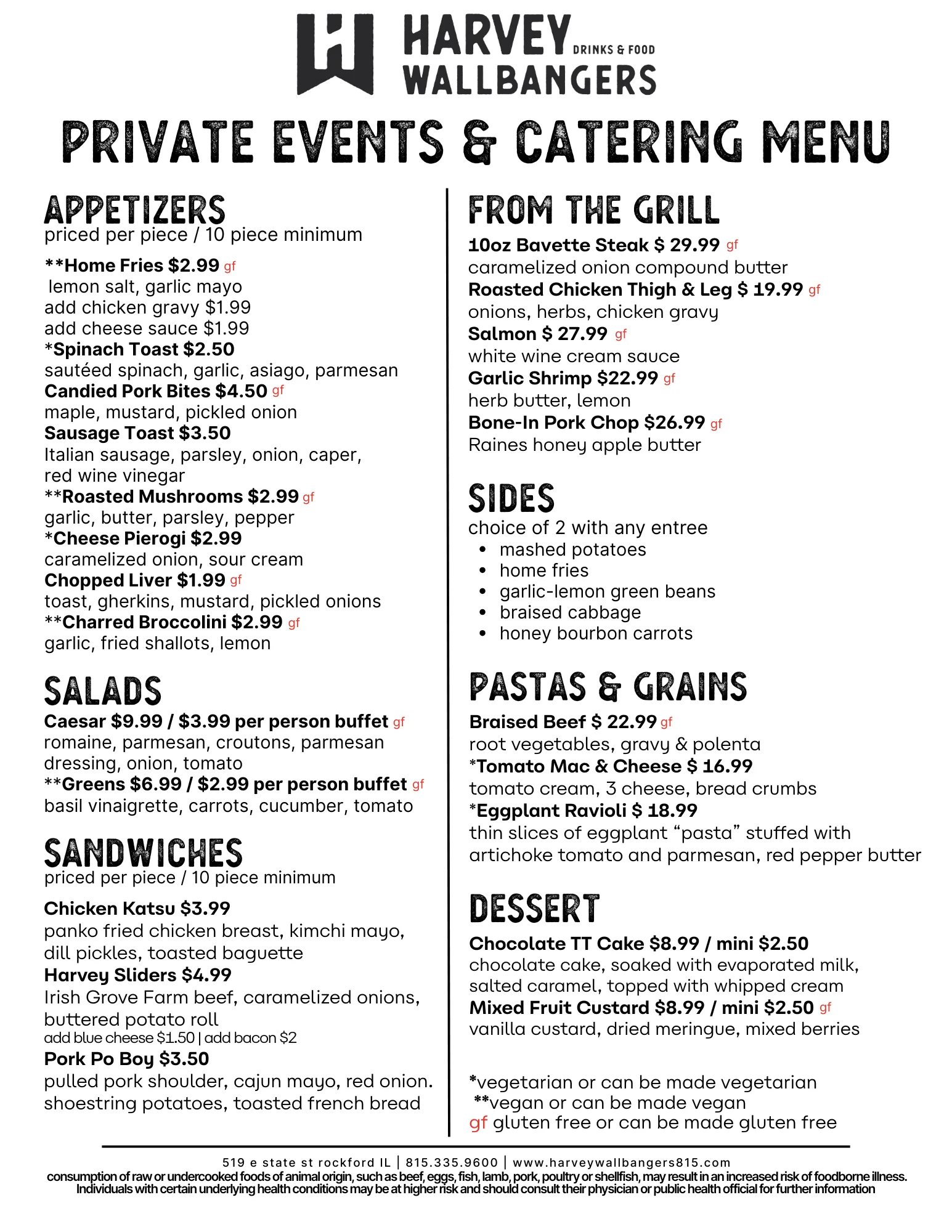Catering menu featuring diverse appetizers and entrees