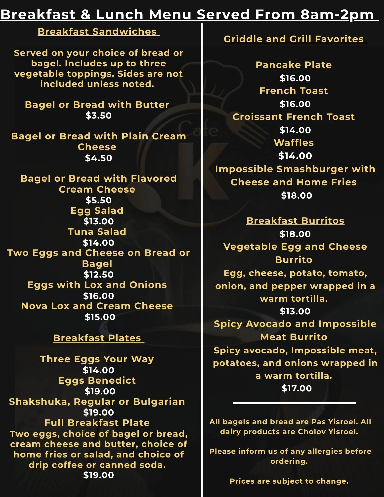 Brunch menu featuring salads, toasts, pasta, and chef specials