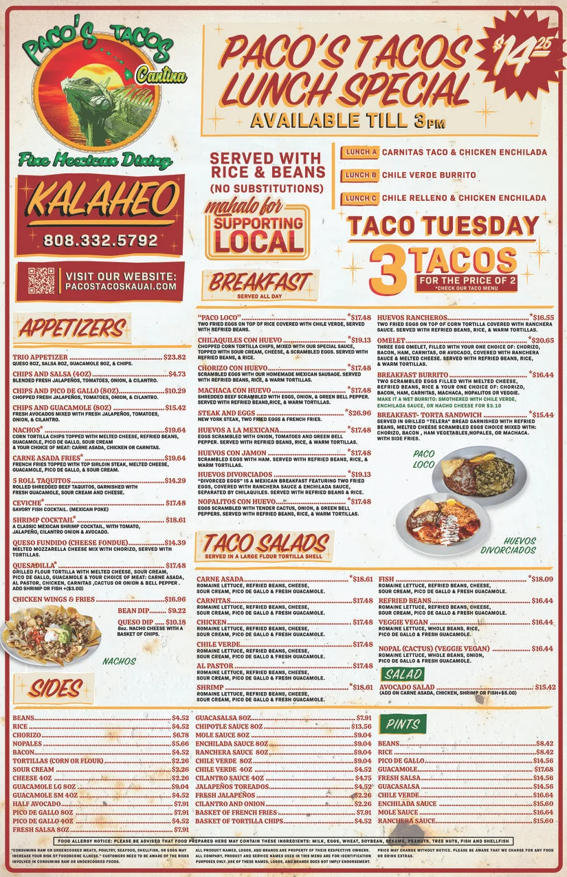 Colorful menu of Mexican dishes featuring tacos and enchiladas