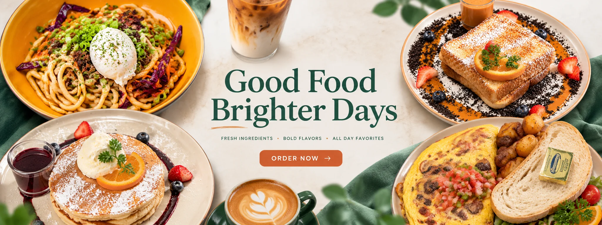 Brunch spread featuring noodles, pancakes, French toast, omelet, and coffee