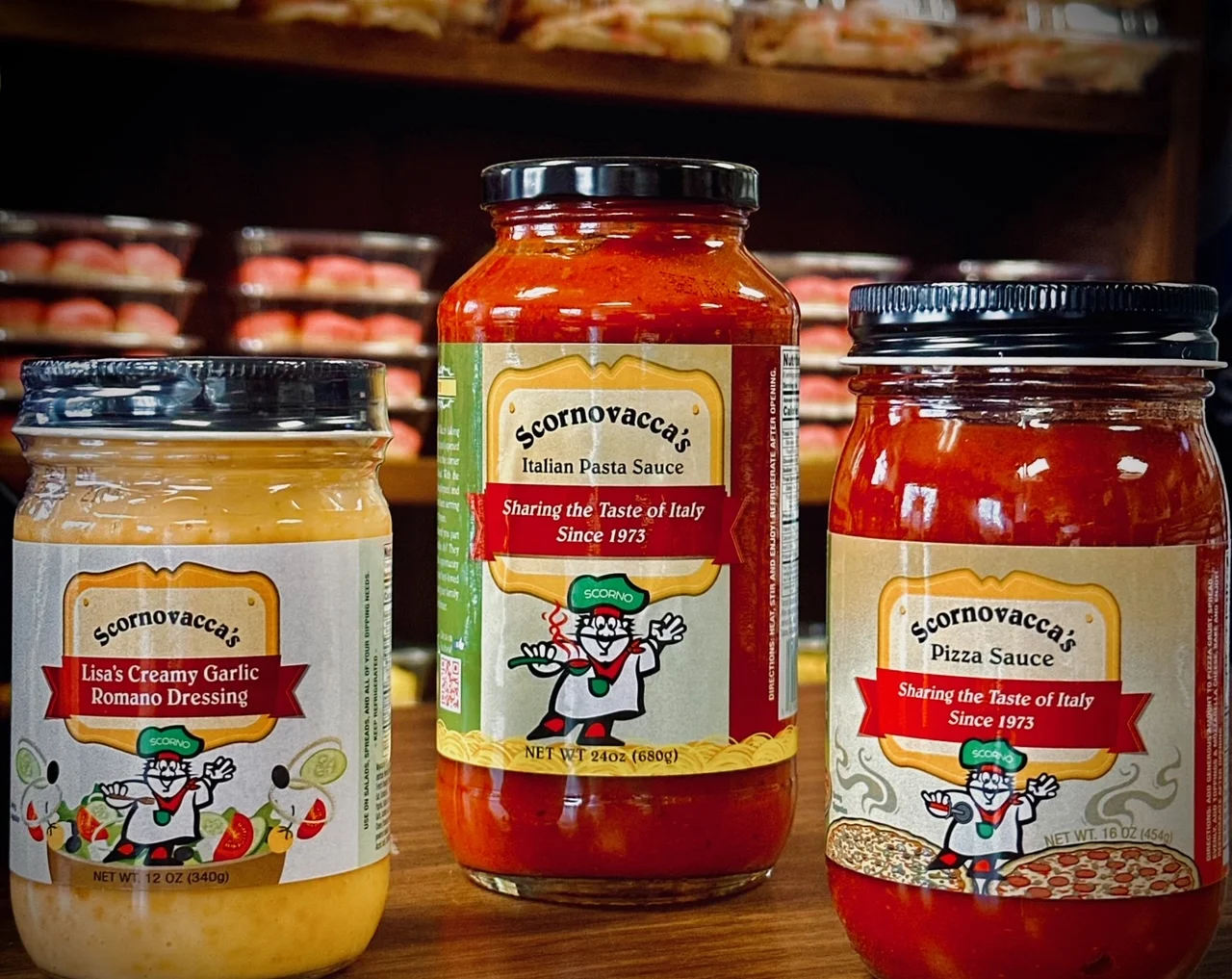 Italian pasta sauces and dressing on display