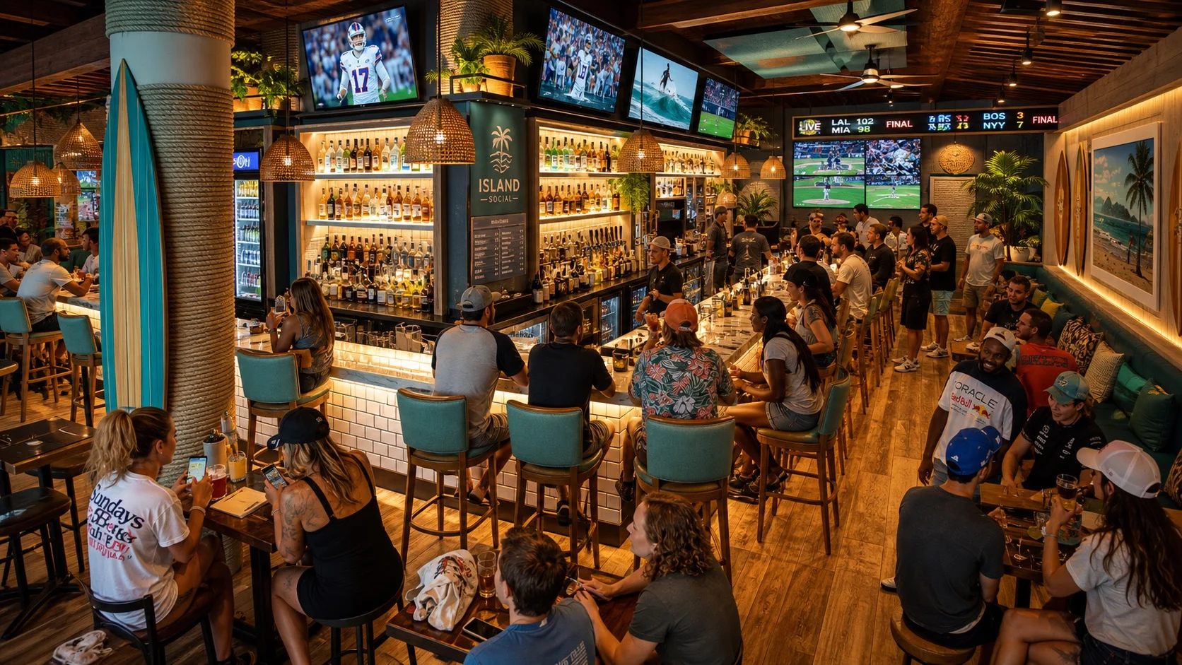Vibrant bar scene with patrons enjoying drinks and sports on multiple screens