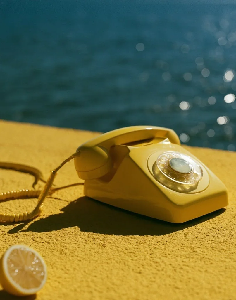 Vintage yellow rotary phone by the sea