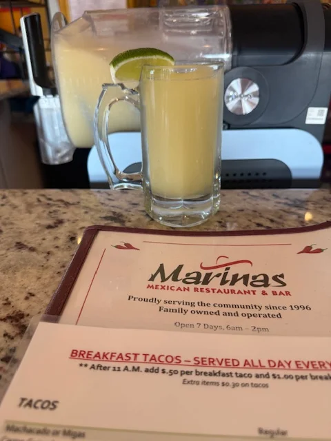 Refreshing margarita served with breakfast tacos at a Mexican restaurant