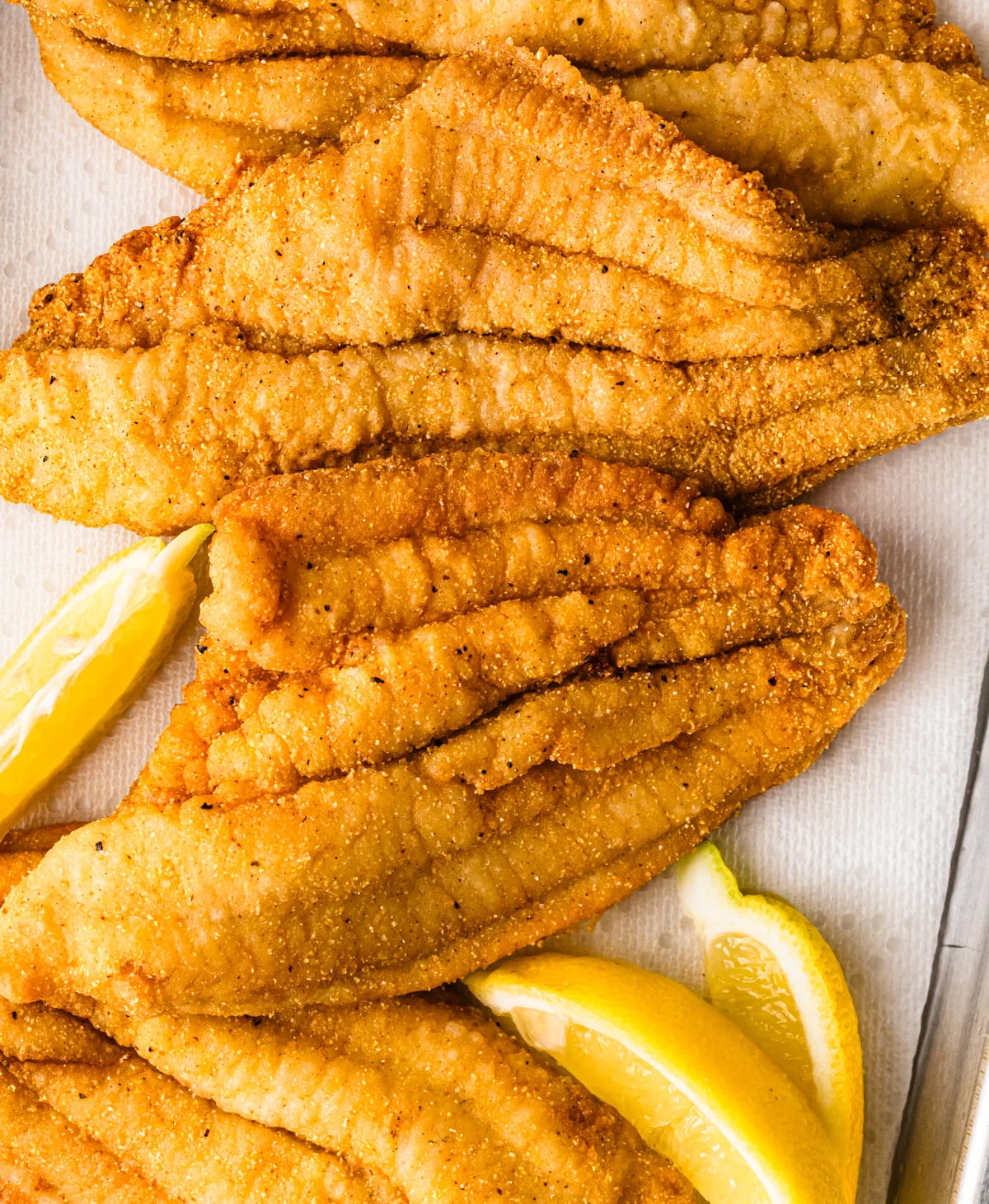 Southern fried catfish fillets with lemon wedges
