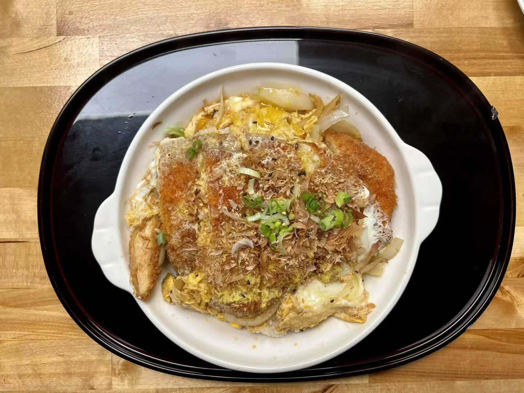 Japanese katsu don with crispy pork cutlet and egg