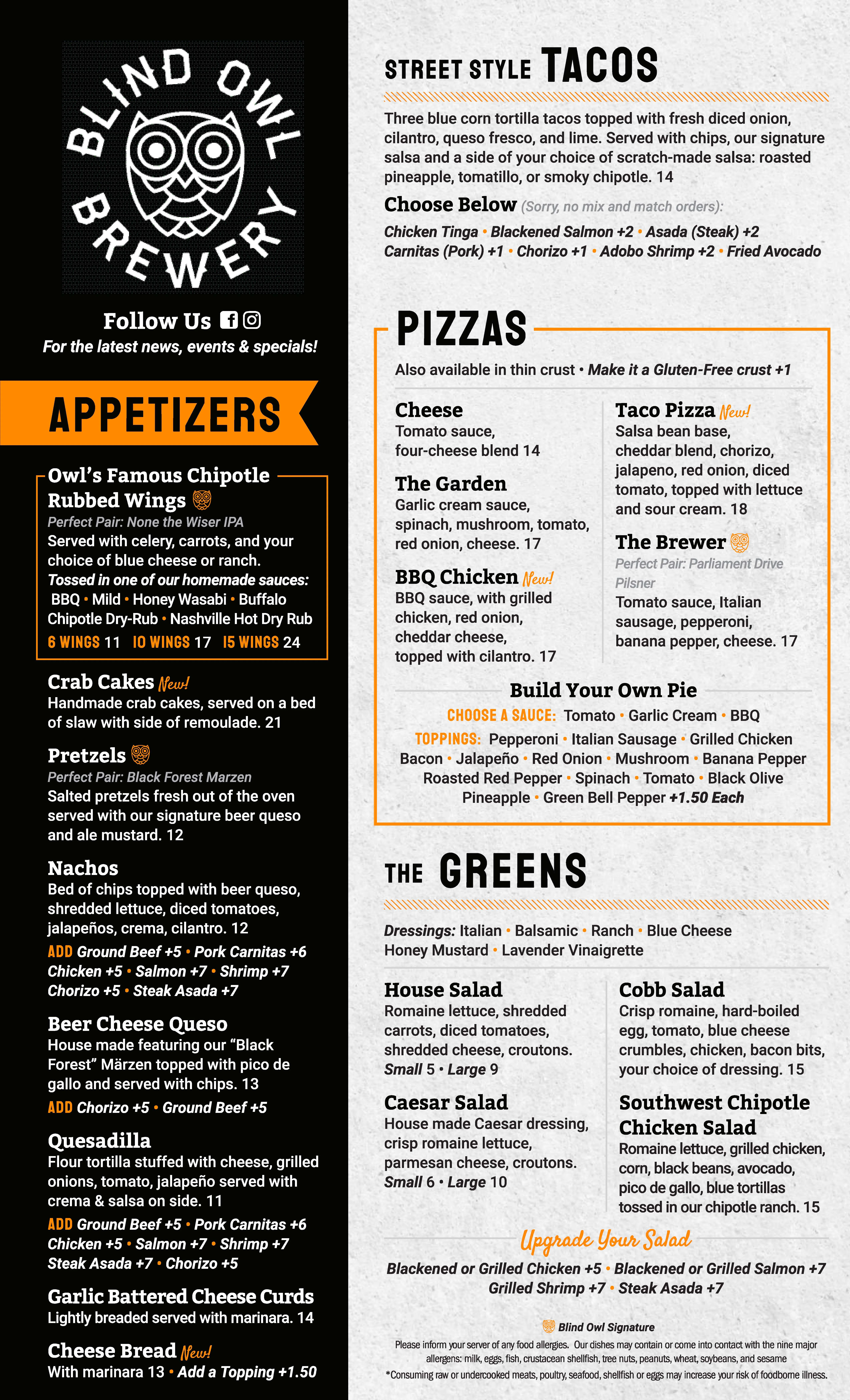 Menu featuring street style tacos and pizzas at a brewery