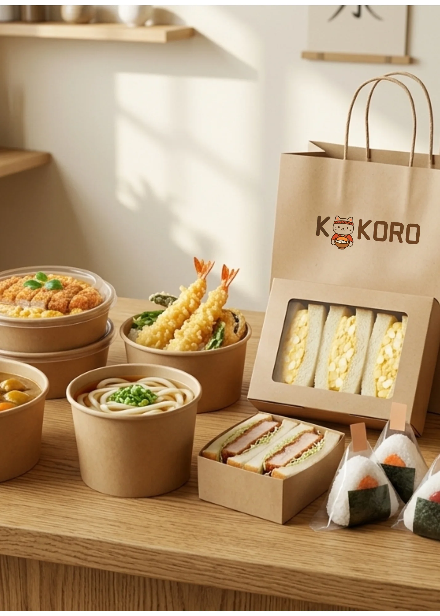 A logo featuring a cartoon cat dressed in traditional attire, holding a bowl of food. The text reads 'K KORO' and 'Everyday Japanese Cafe.'