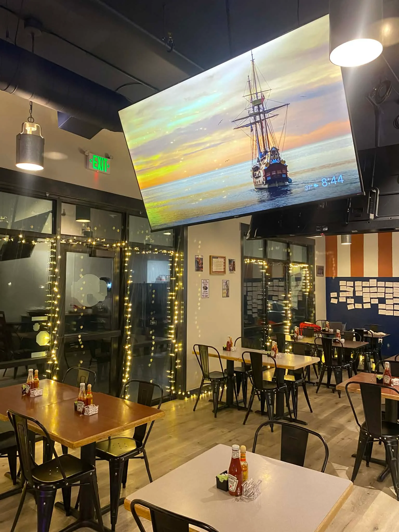 Cozy restaurant interior with modern decor and warm lighting