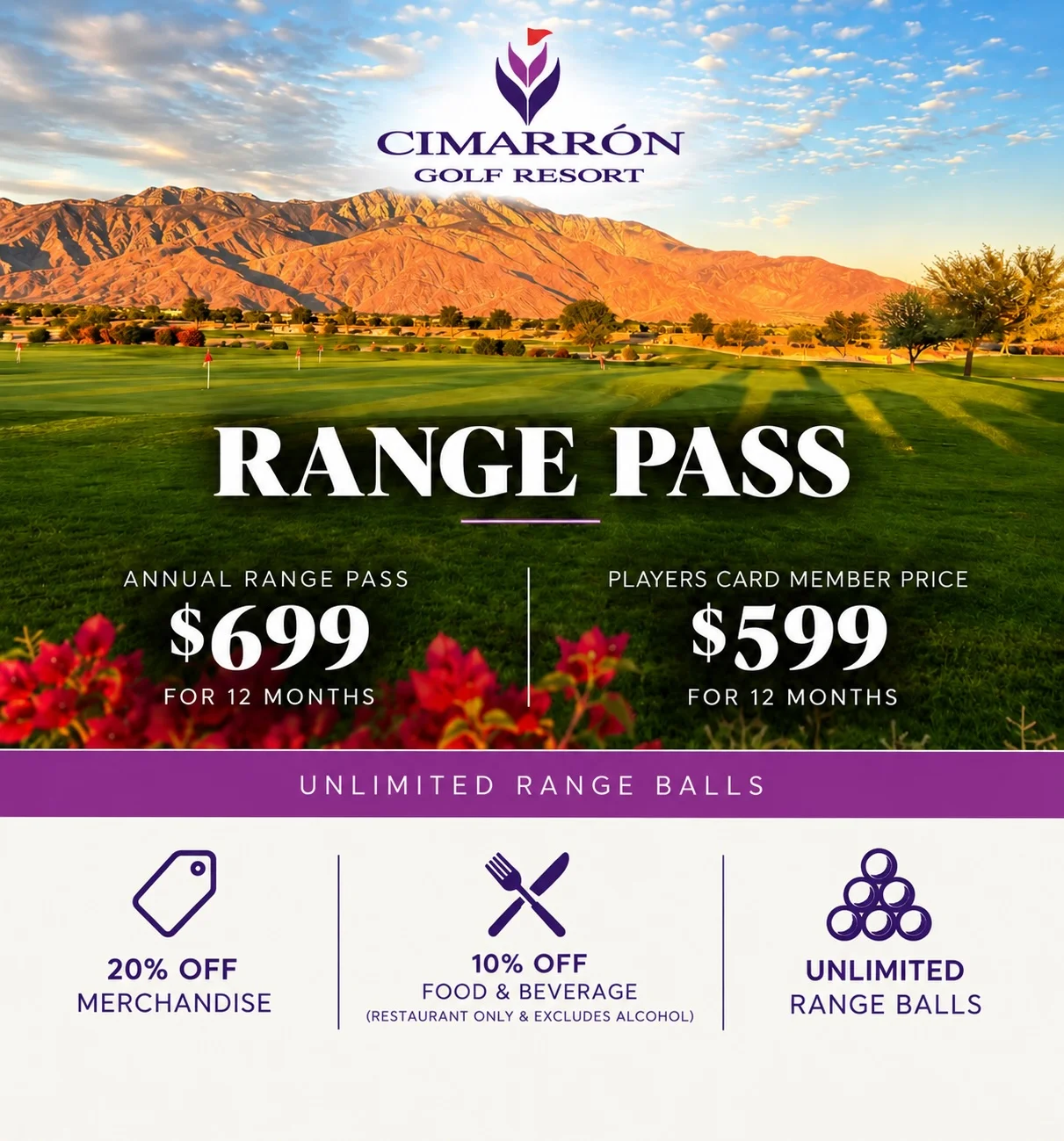 Cimarrón Golf Resort Range Pass promotional image with scenic mountain backdrop