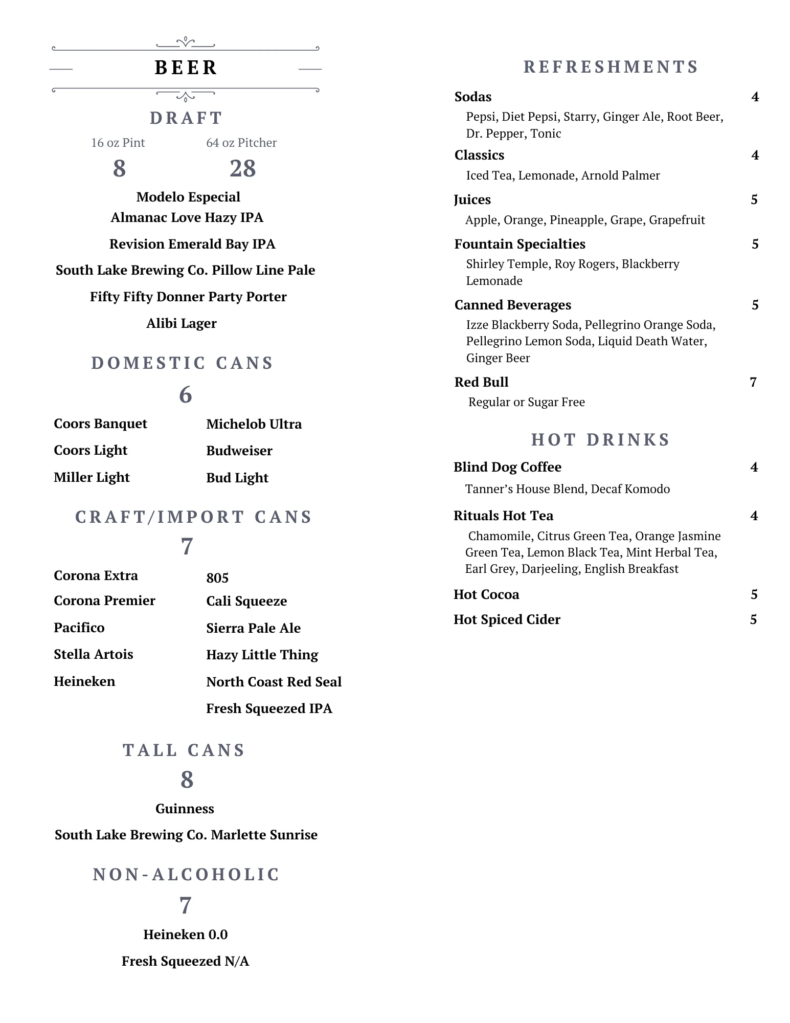 Craft beer and mocktail menu at a restaurant