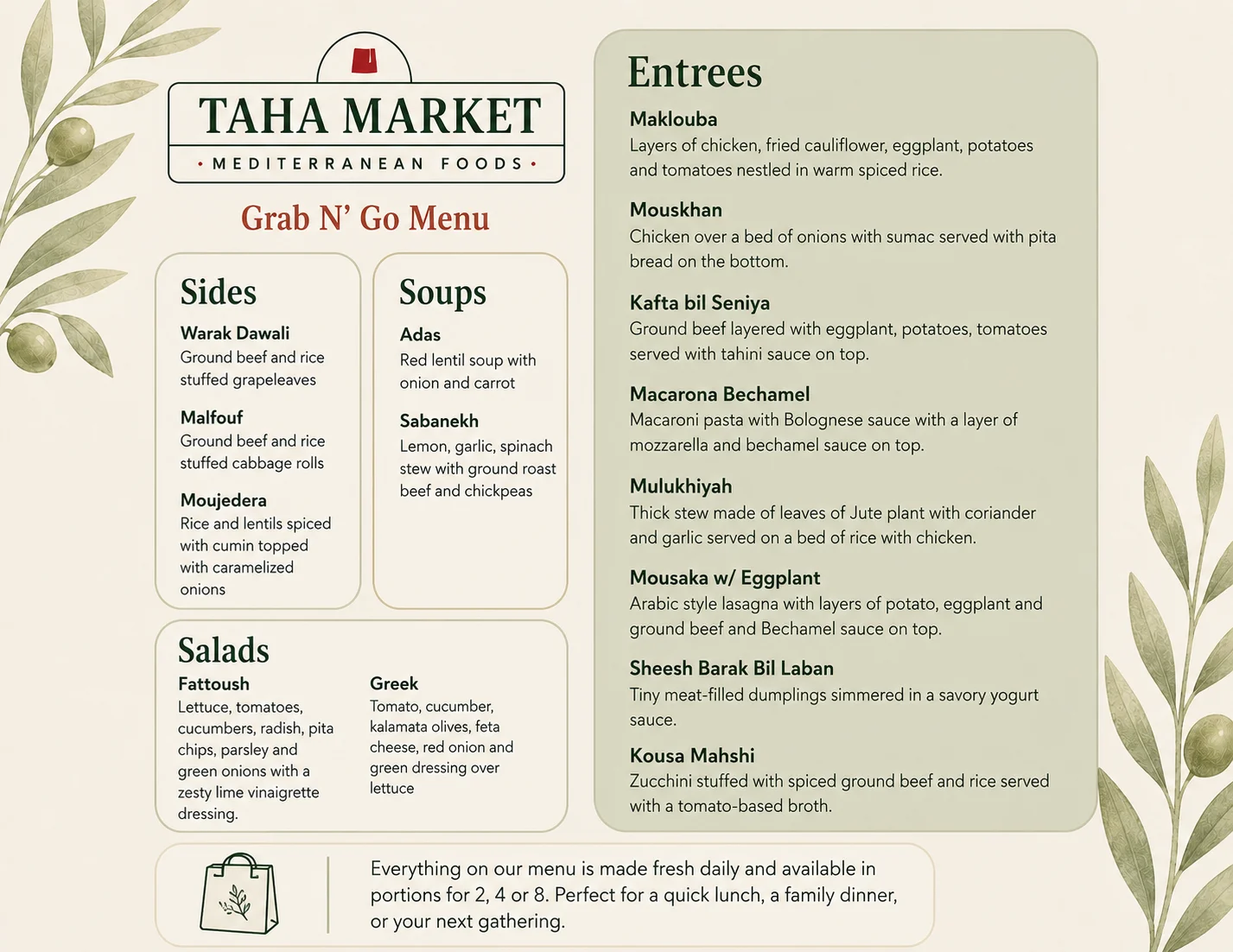 Mediterranean grab n' go menu featuring diverse traditional dishes