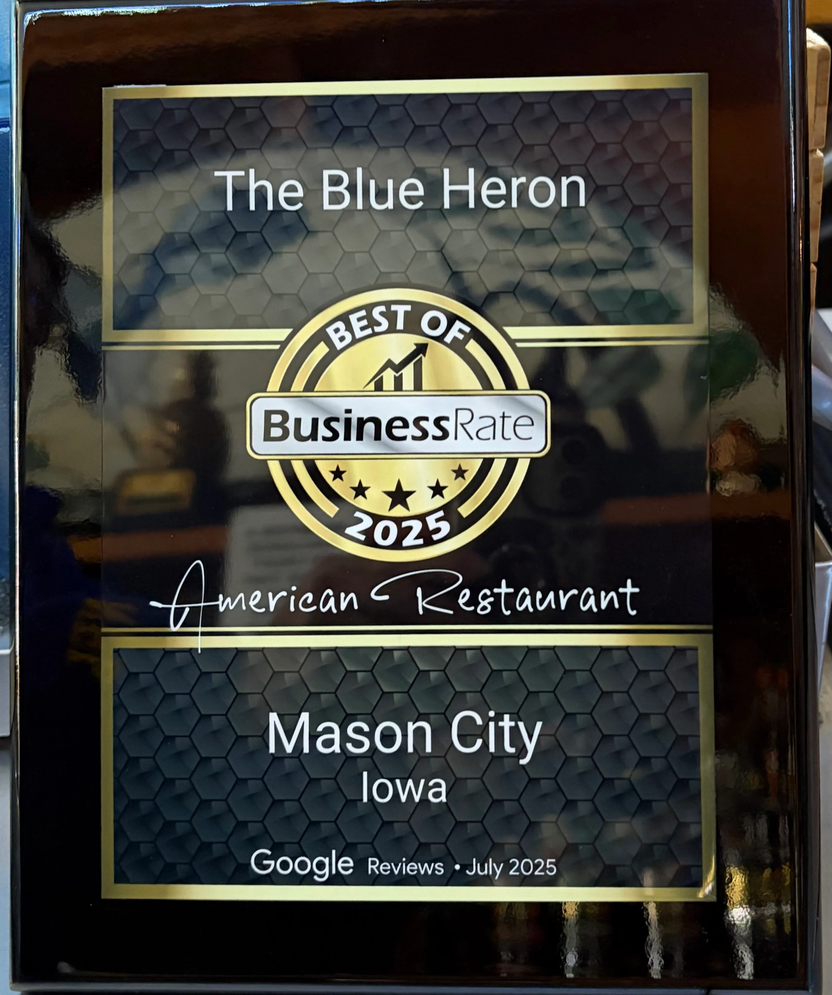 Award plaque for The Blue Heron, Best American Restaurant 2025, Mason City, Iowa
