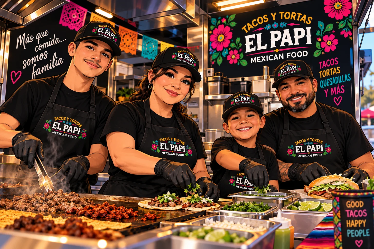 Family serving authentic Mexican tacos at a vibrant food stall