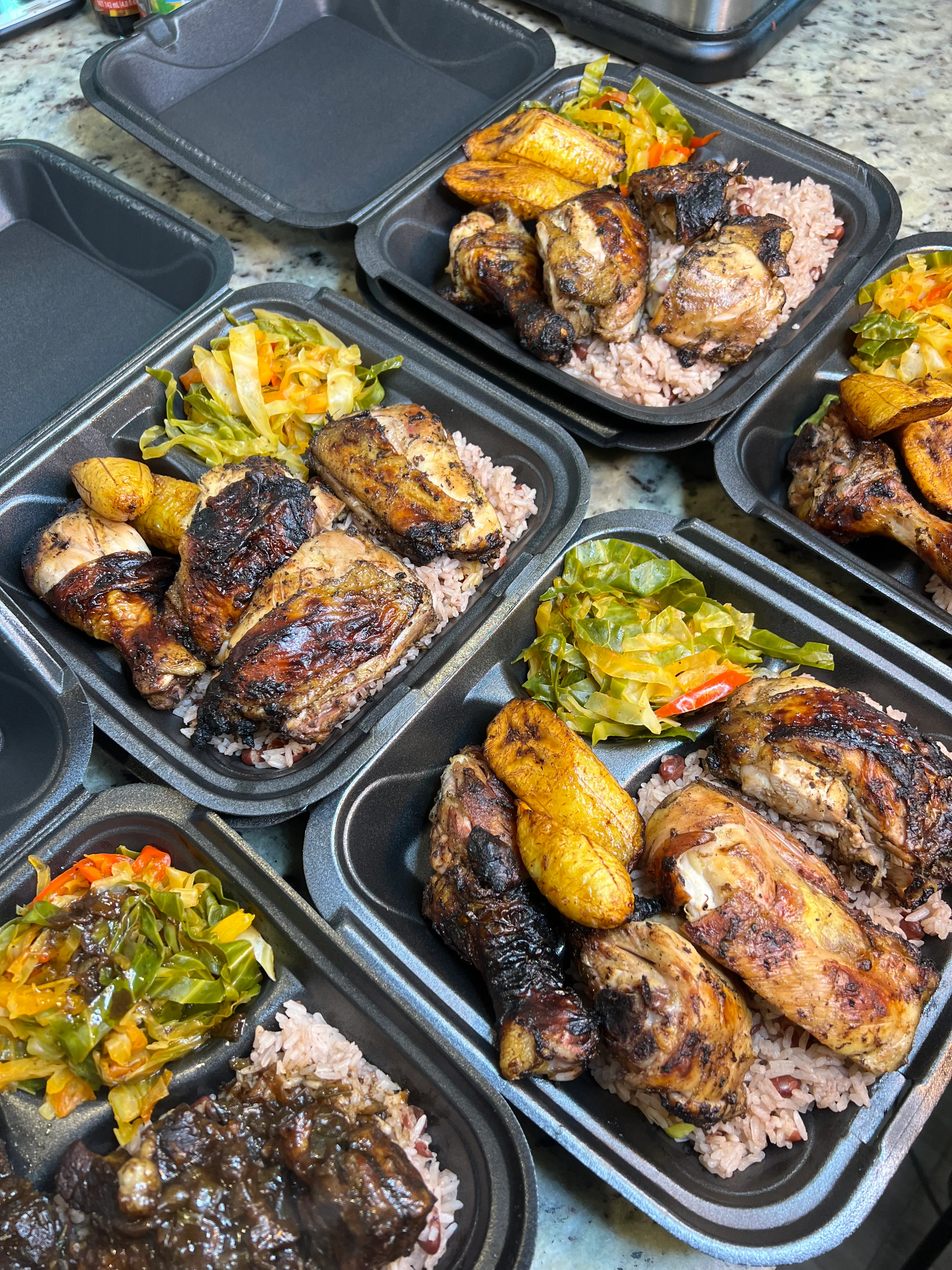 Jamaican jerk chicken with rice and peas