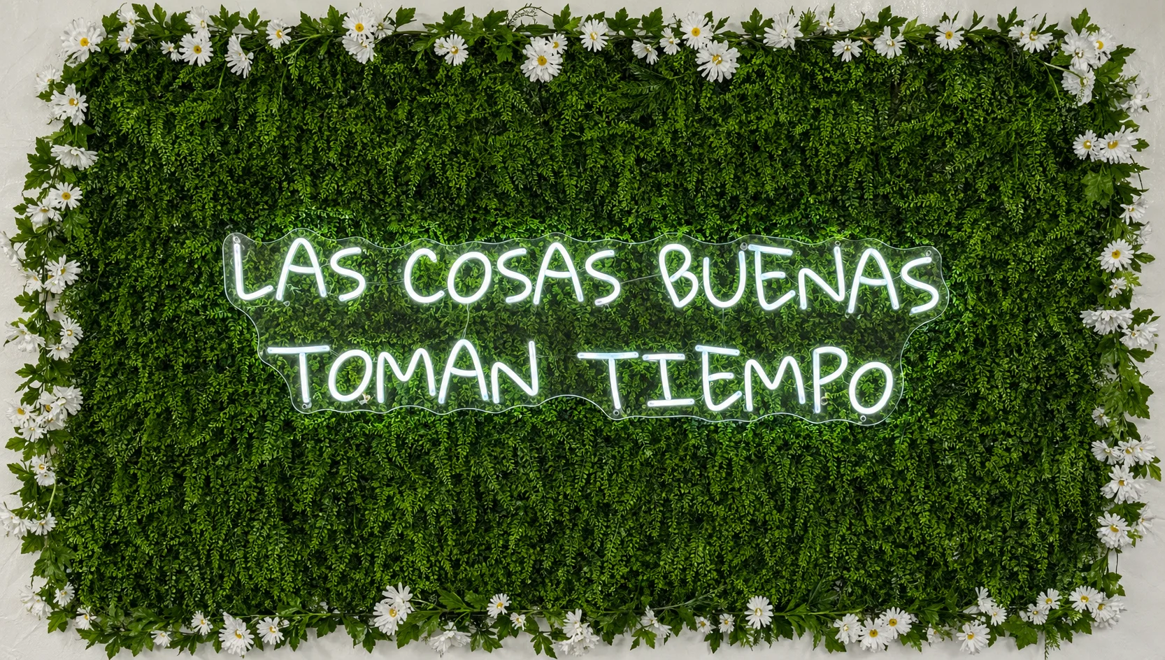Neon sign on a green wall with flowers, saying 'Las cosas buenas toman tiempo'