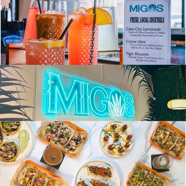 Colorful cocktails and vibrant tacos at a lively Mexican restaurant