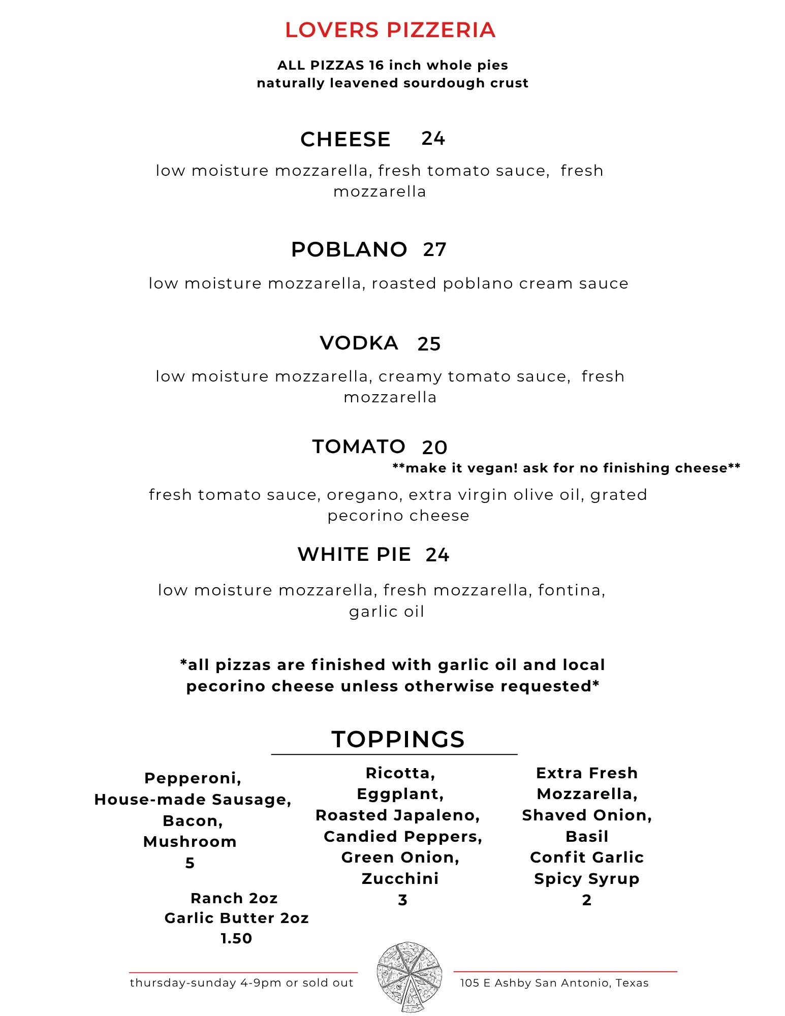 Menu for Lovers Pizzeria featuring various pizza options and toppings.